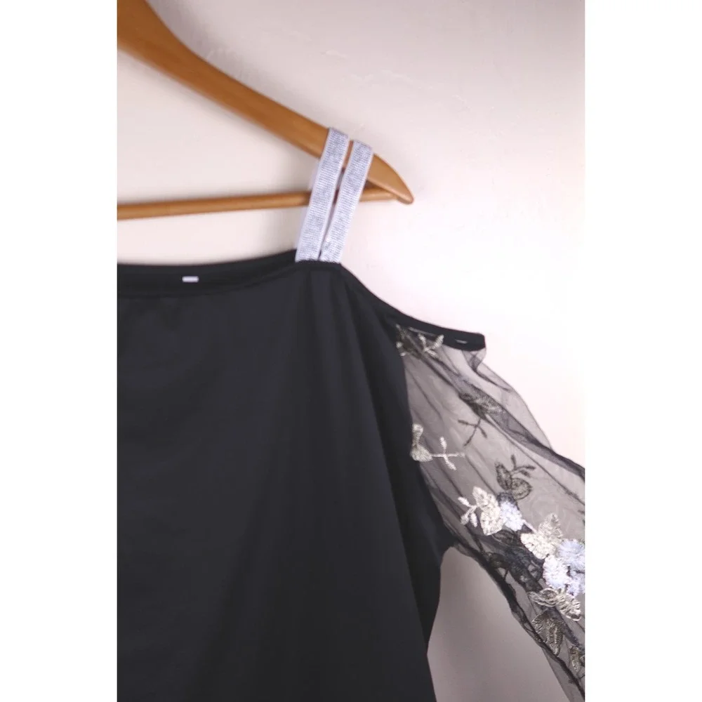 Black One Shoulder Top Floral Embroidered Mesh Long Sleeve Rhinestone Strap L